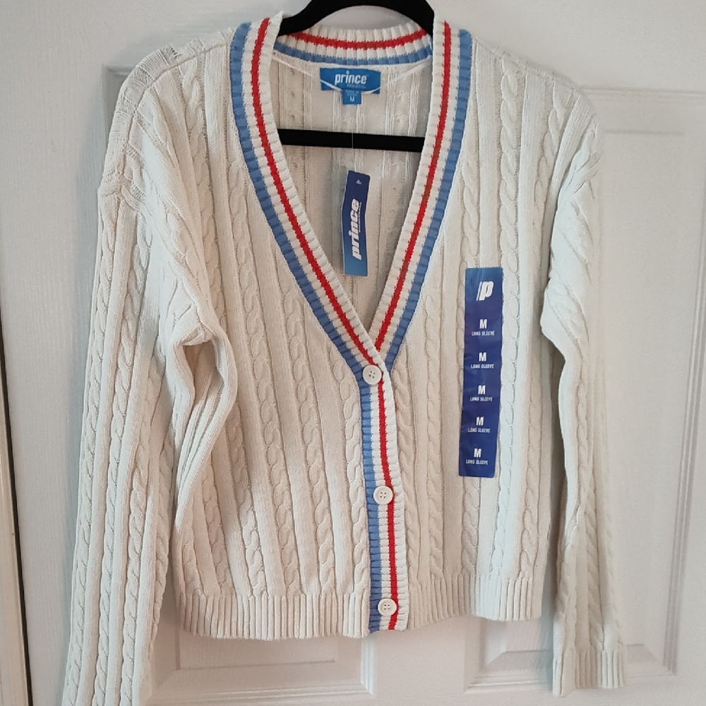 Prince White Cardigan with Blue and Red Trim